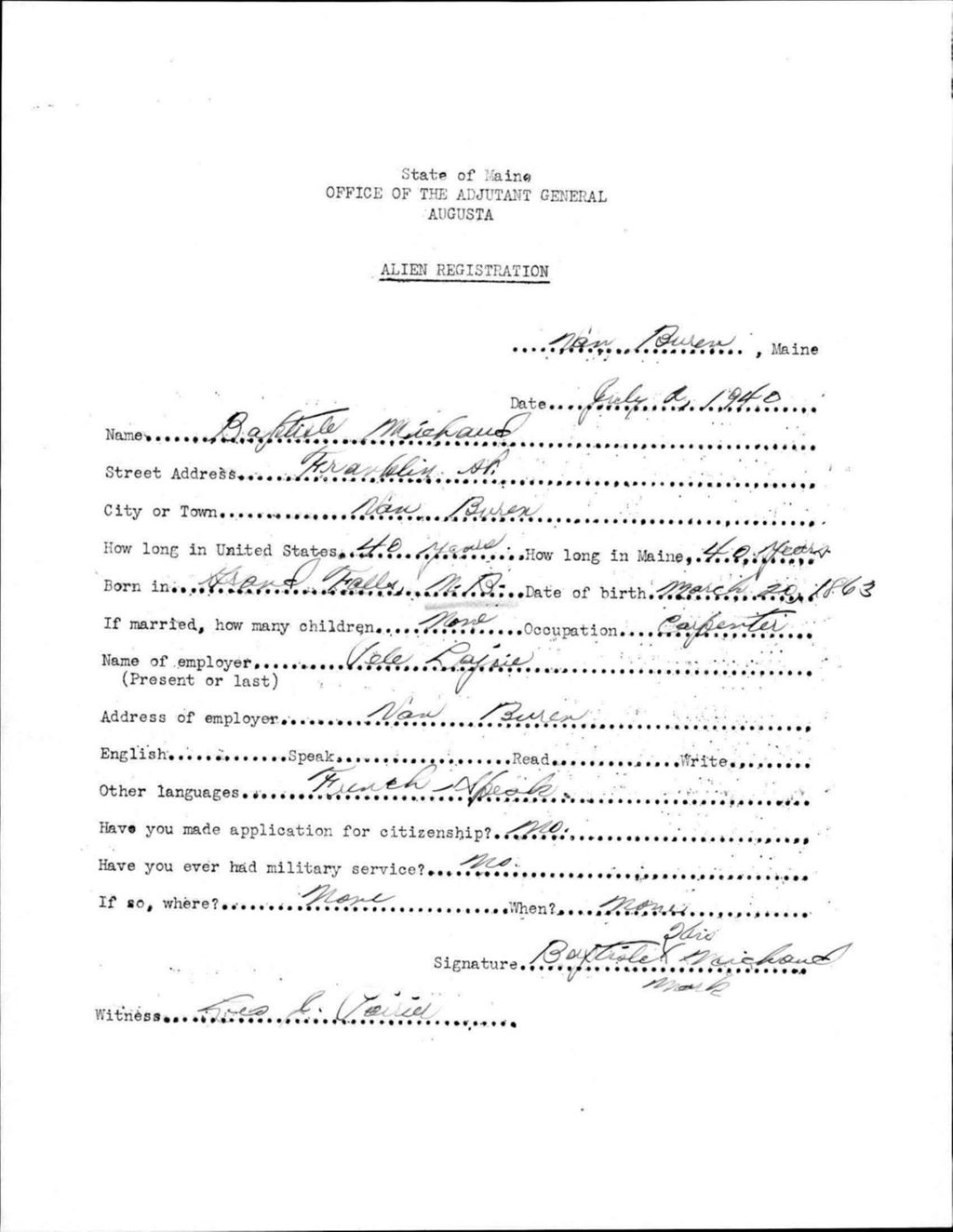 Miniature of Alien Registration- Michaud, Baptisle (Van Buren, Aroostook County)
