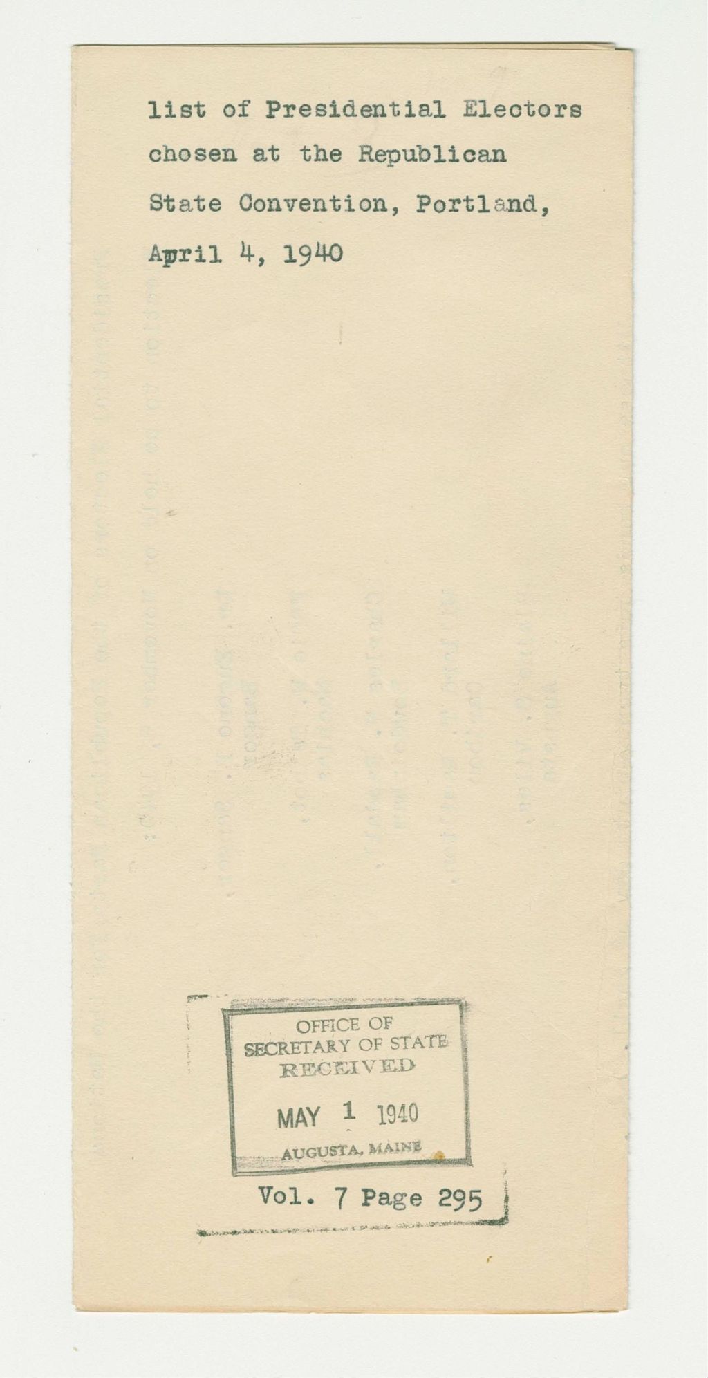 Miniature of list of Presidential Electors chosen at the Republican State Convention