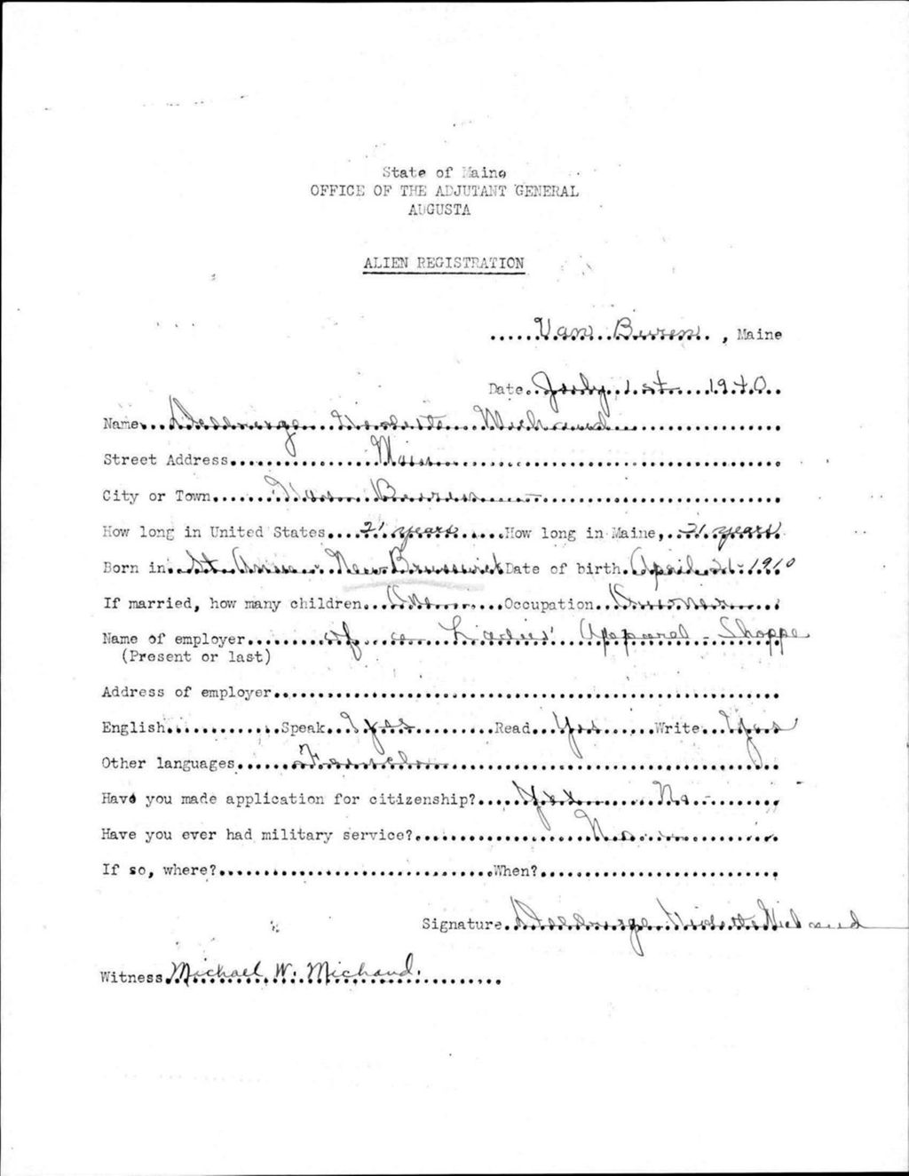 Miniature of Alien Registration- Violette, Deebridge (Van Buren, Aroostook County)