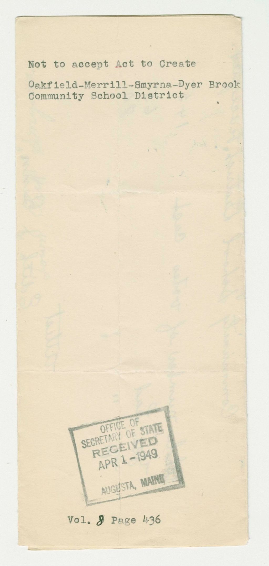 Miniature of Not to accept Act to Create Oakfield-Merrill-Smyrna-Dyer Brook Community School District