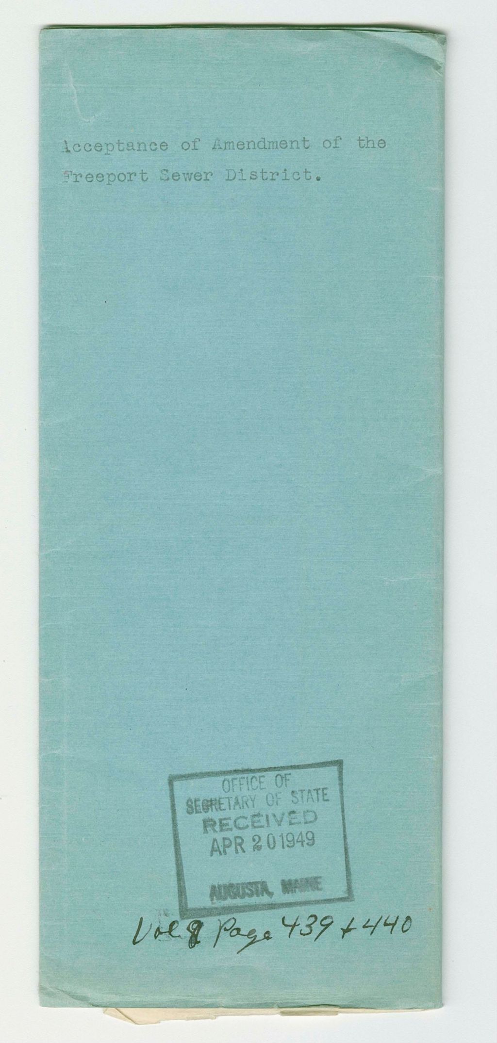 Miniature of Acceptance of Amendment of the Freeport Sewer District