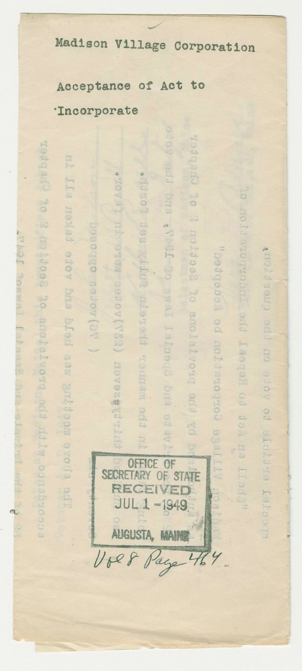 Miniature of Madison Village Corporation Acceptance of Act to Incorporate