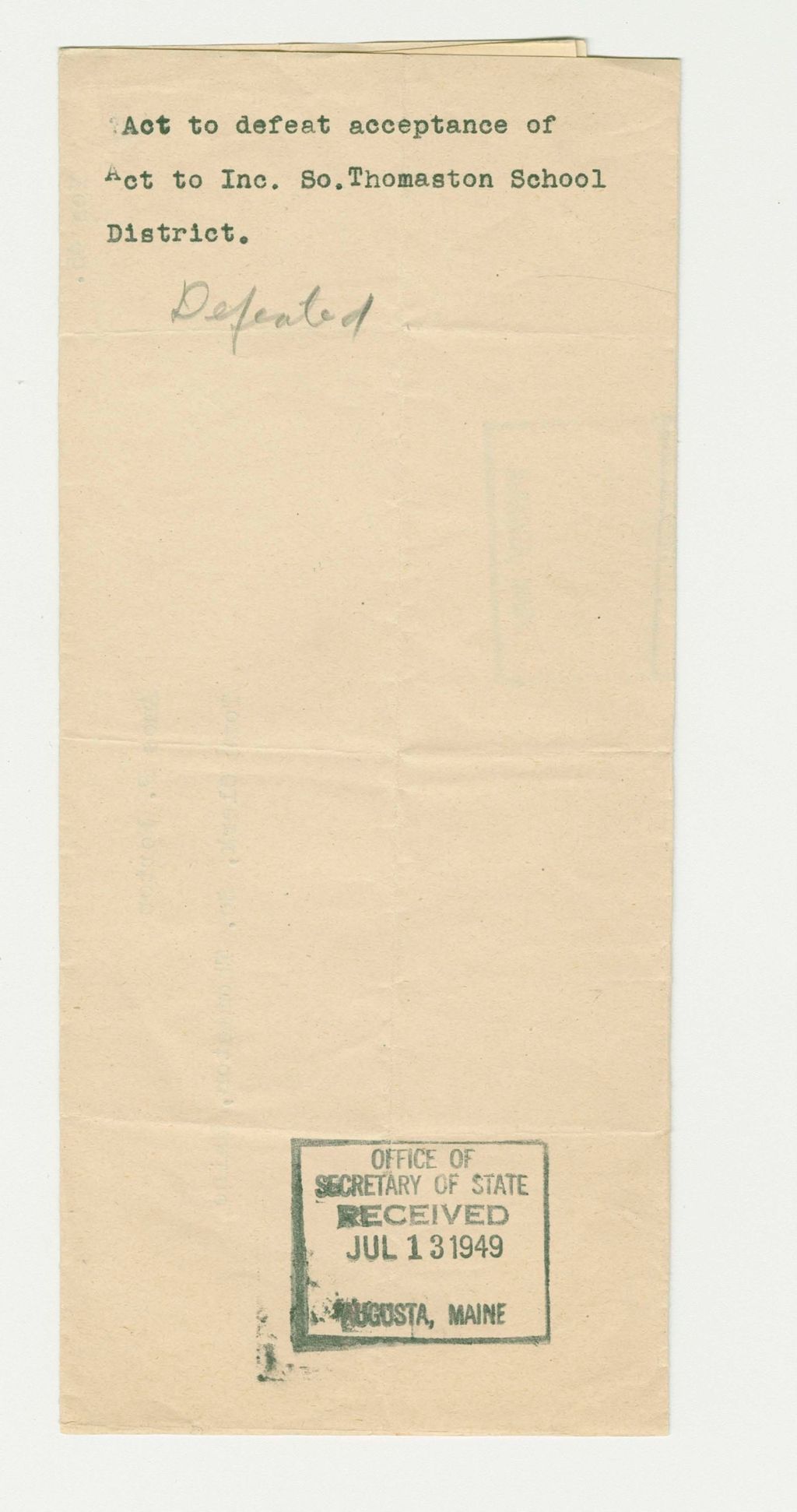 Miniature of Act to defeat acceptance of Act to Incorporate South Thomaston School District