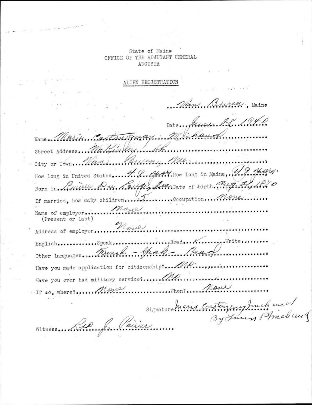 Miniature of Alien Registration- Castonguay, Marie (Van Buren, Aroostook County)