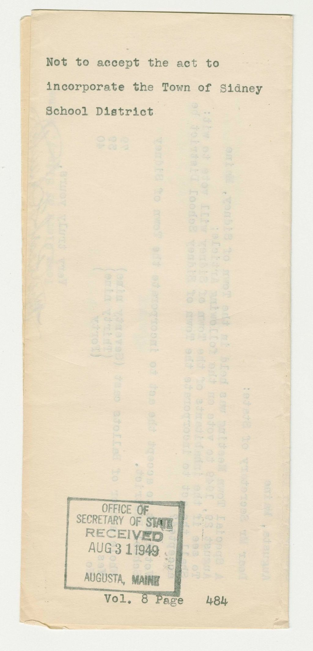 Miniature of Not to accept the act to incorporate the Town of Sidney School District
