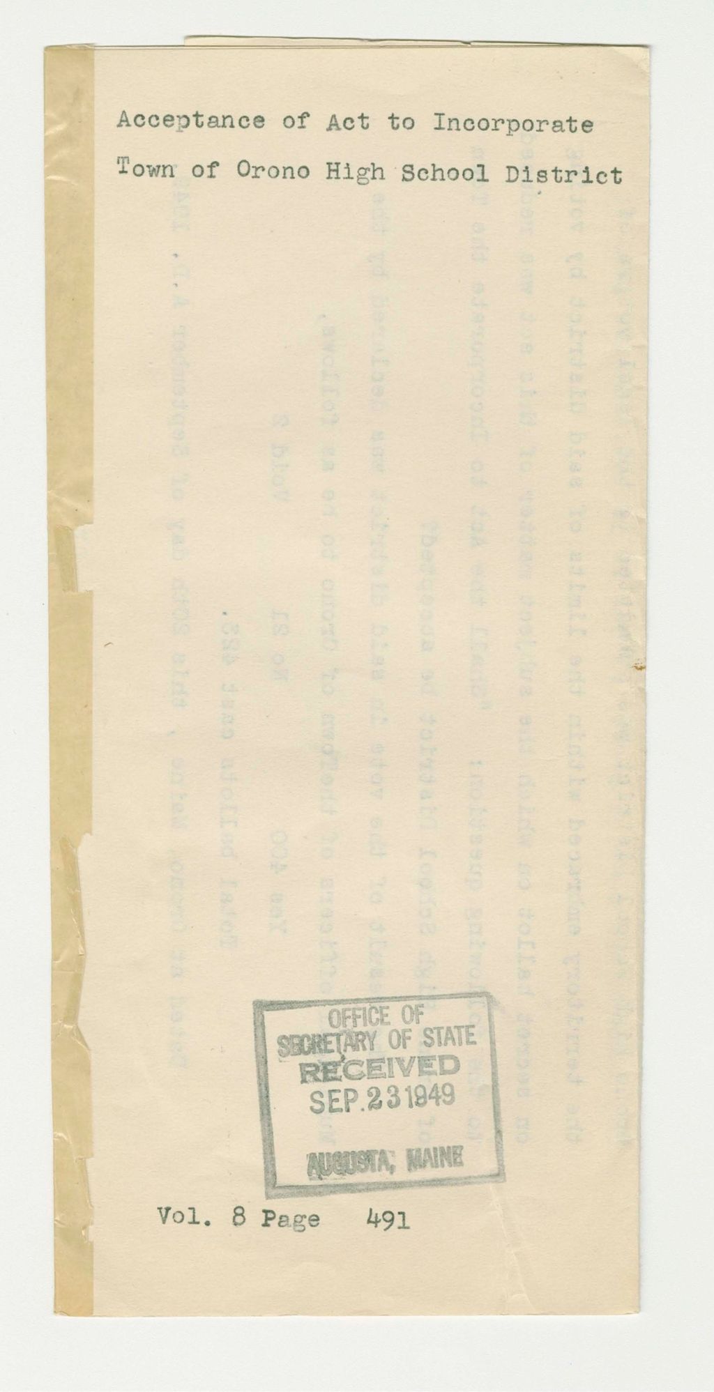 Miniature of Acceptance of Act to Incorporate Town of Orono High School District
