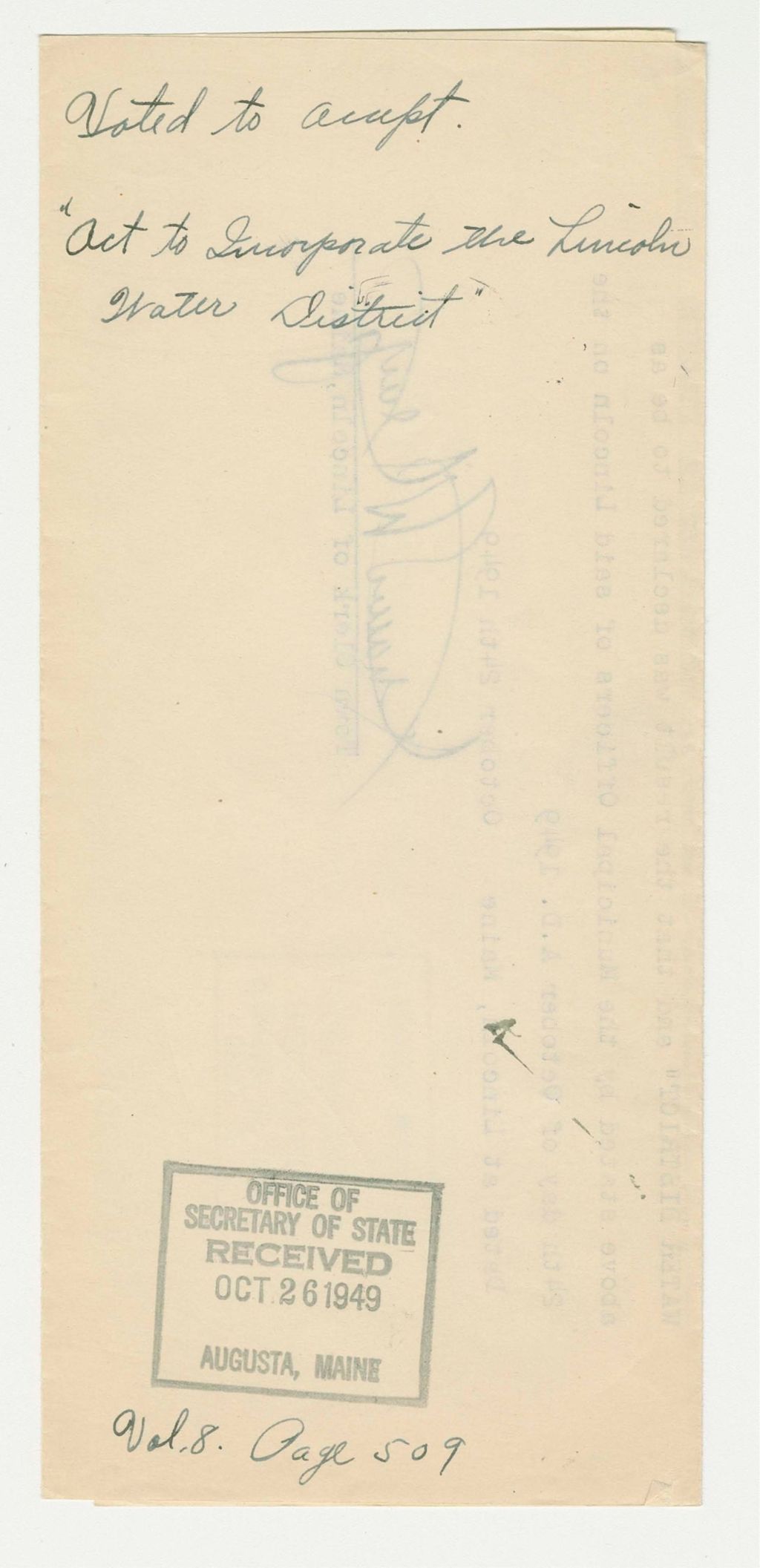 Miniature of Voted to Accept "Act to Incorporate the Lincoln Water District