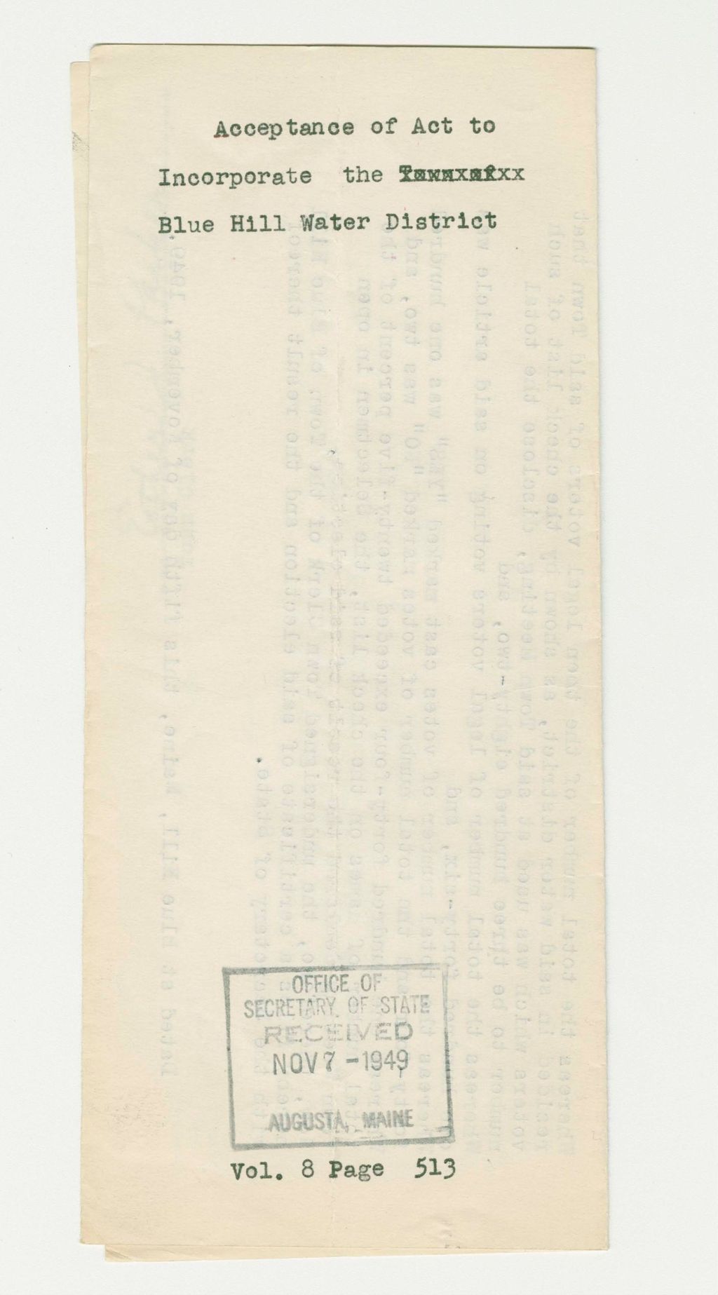 Miniature of Acceptance of Act to Incorporate the Blue Hill Water District