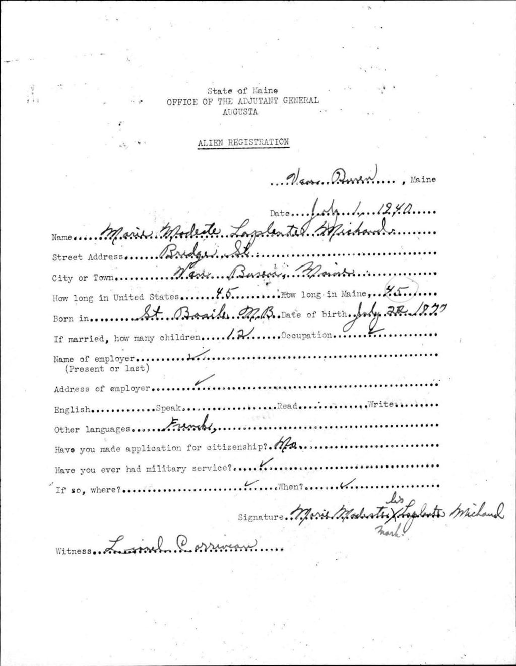 Miniature of Alien Registration- Laplante, Marie M. (Van Buren, Aroostook County)