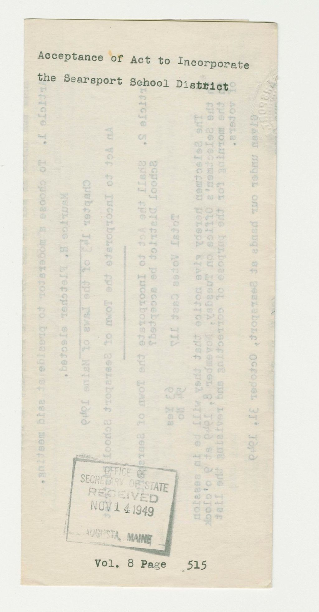 Miniature of Acceptance of Act to Incorporate the Searsport School District