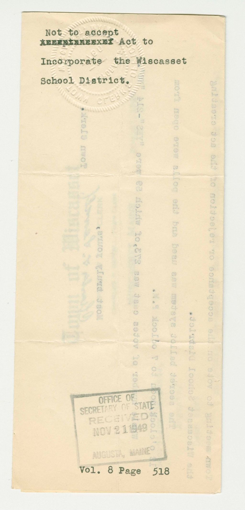 Miniature of Not to Accept Act to Incorporate the Wiscasset School District