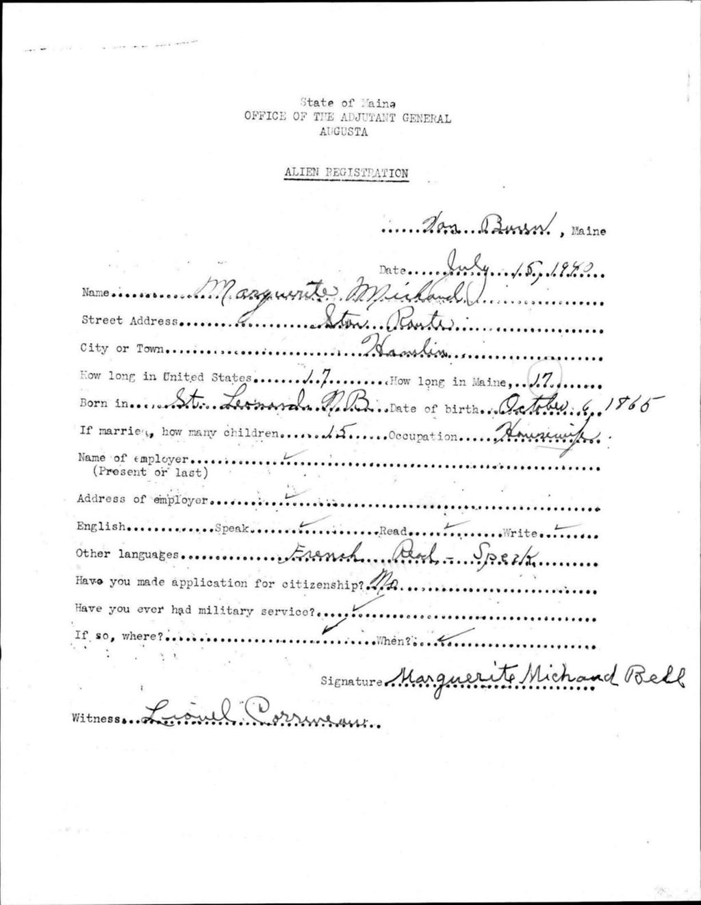Miniature of Alien Registration- Michaud, Marguerite (Van Buren, Aroostook County)