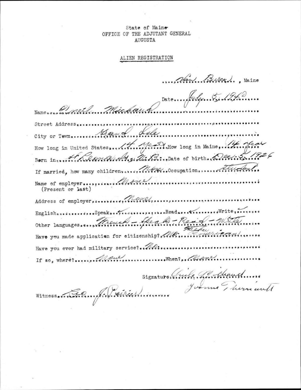 Miniature of Alien Registration- Michaud, Oneil (Van Buren, Aroostook County)