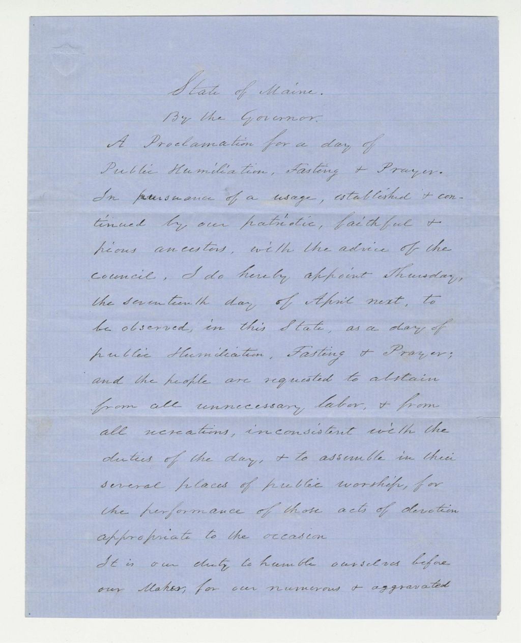 Miniature of Proclamation for a Day of Public Humiliation, Fasting, and Prayer