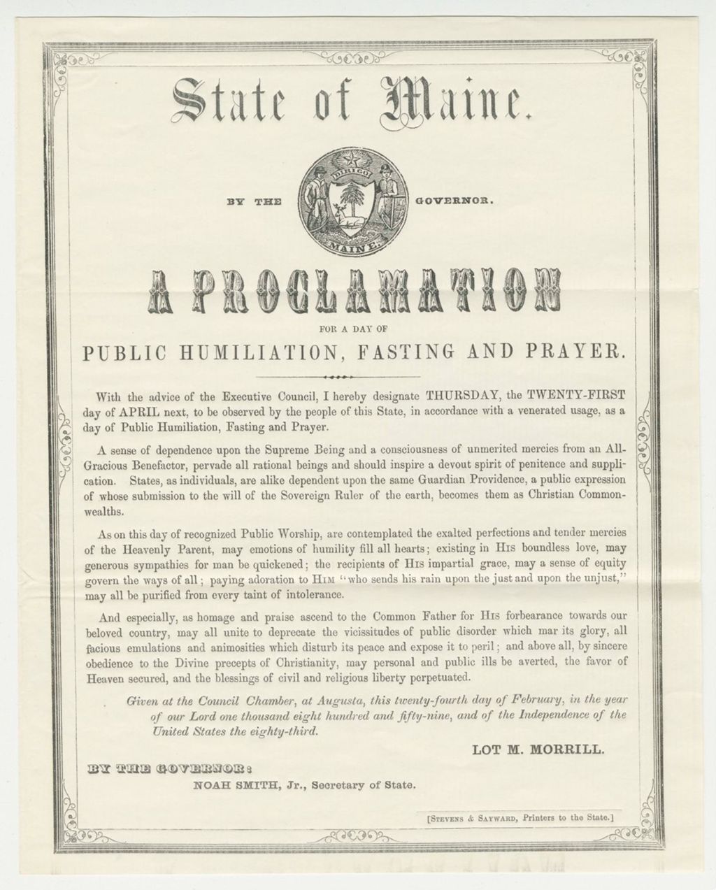 Miniature of Proclamation for a Day of Public Humiliation, Fasting, and Prayer