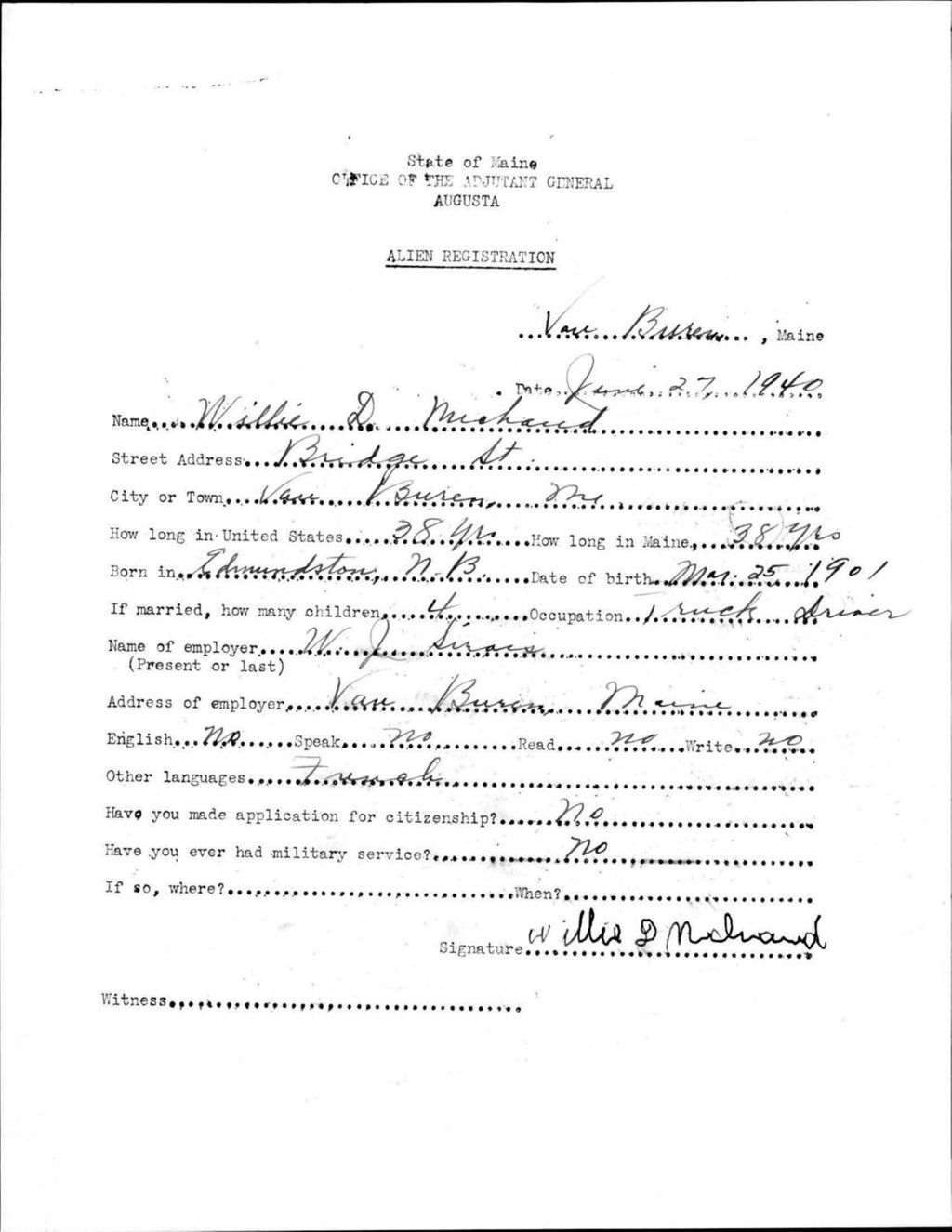 Miniature of Alien Registration- Michaud, Willie D. (Van Buren, Aroostook County)