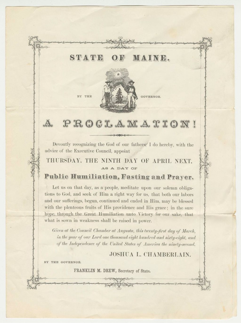 Miniature of Proclamation for a Day of Public Humiliation, Fasting, and Prayer