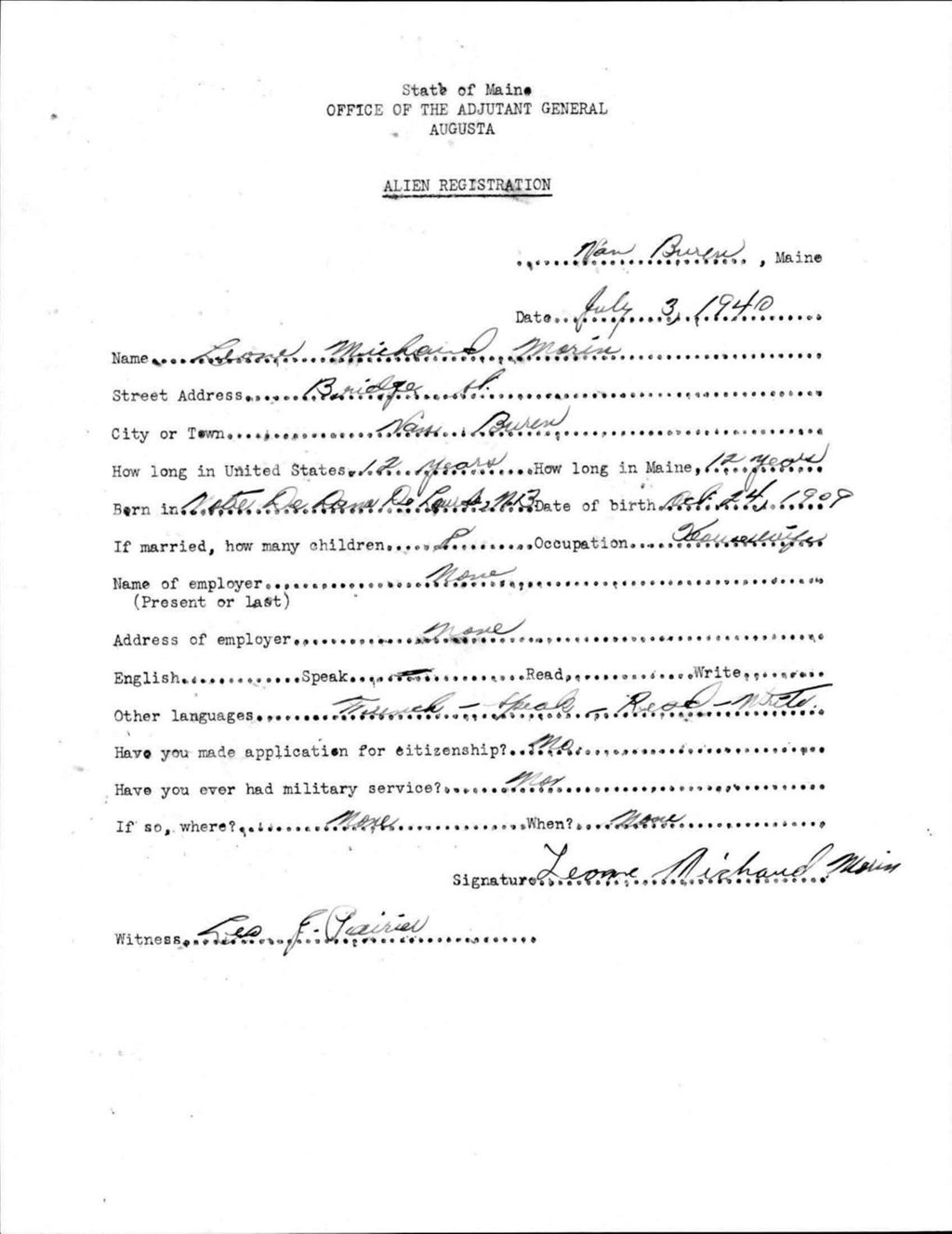 Miniature of Alien Registration- Michaud, Leone (Van Buren, Aroostook County)