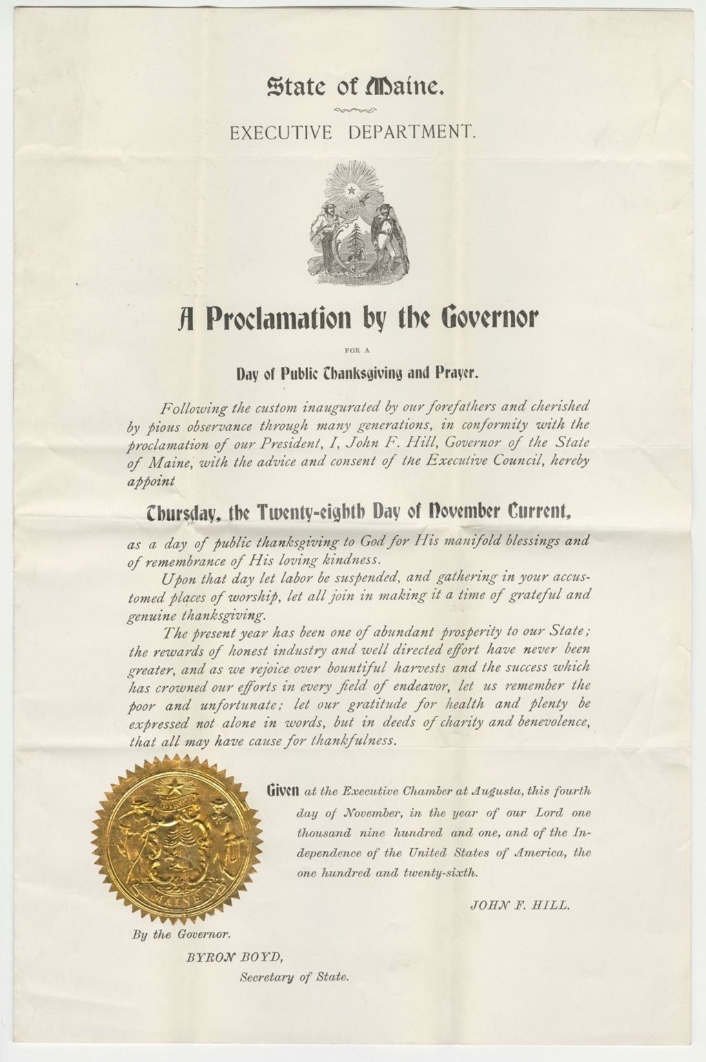 Miniature of Proclamation for a Day of Public Thanksgiving and Prayer