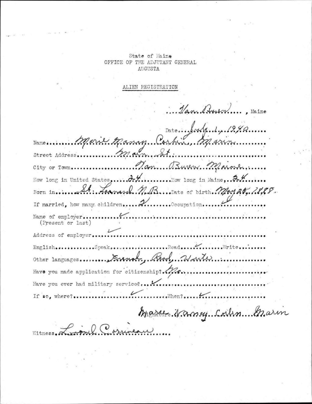 Miniature of Alien Registration- Corbin, Marie N. (Van Buren, Aroostook County)