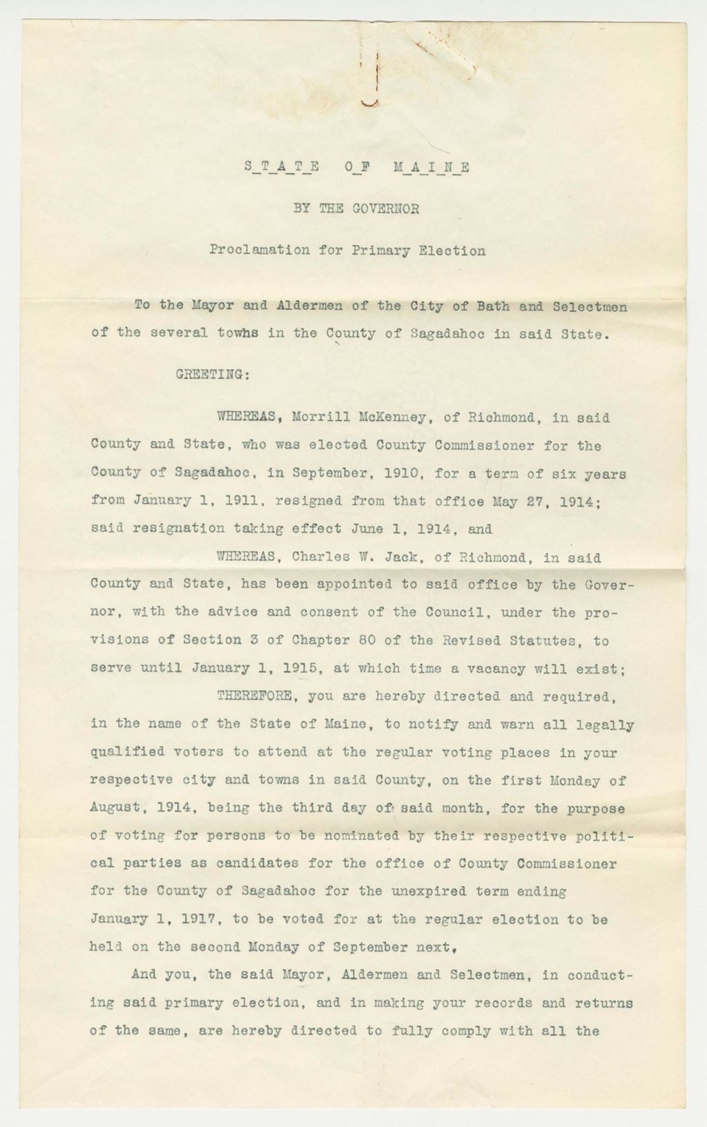 Miniature of Proclamation for Primary Election appointing Charles Jack County Commissioner for Sagadahoc County