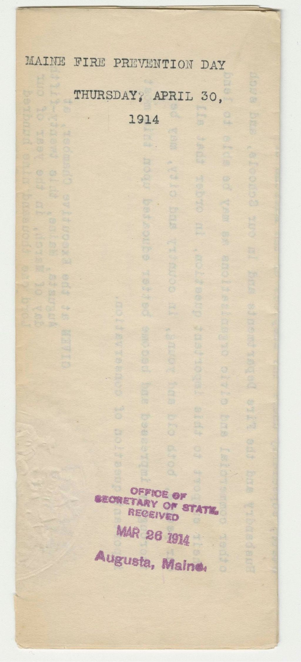 Miniature of 1914 Maine Fire Prevention Day Proclamation