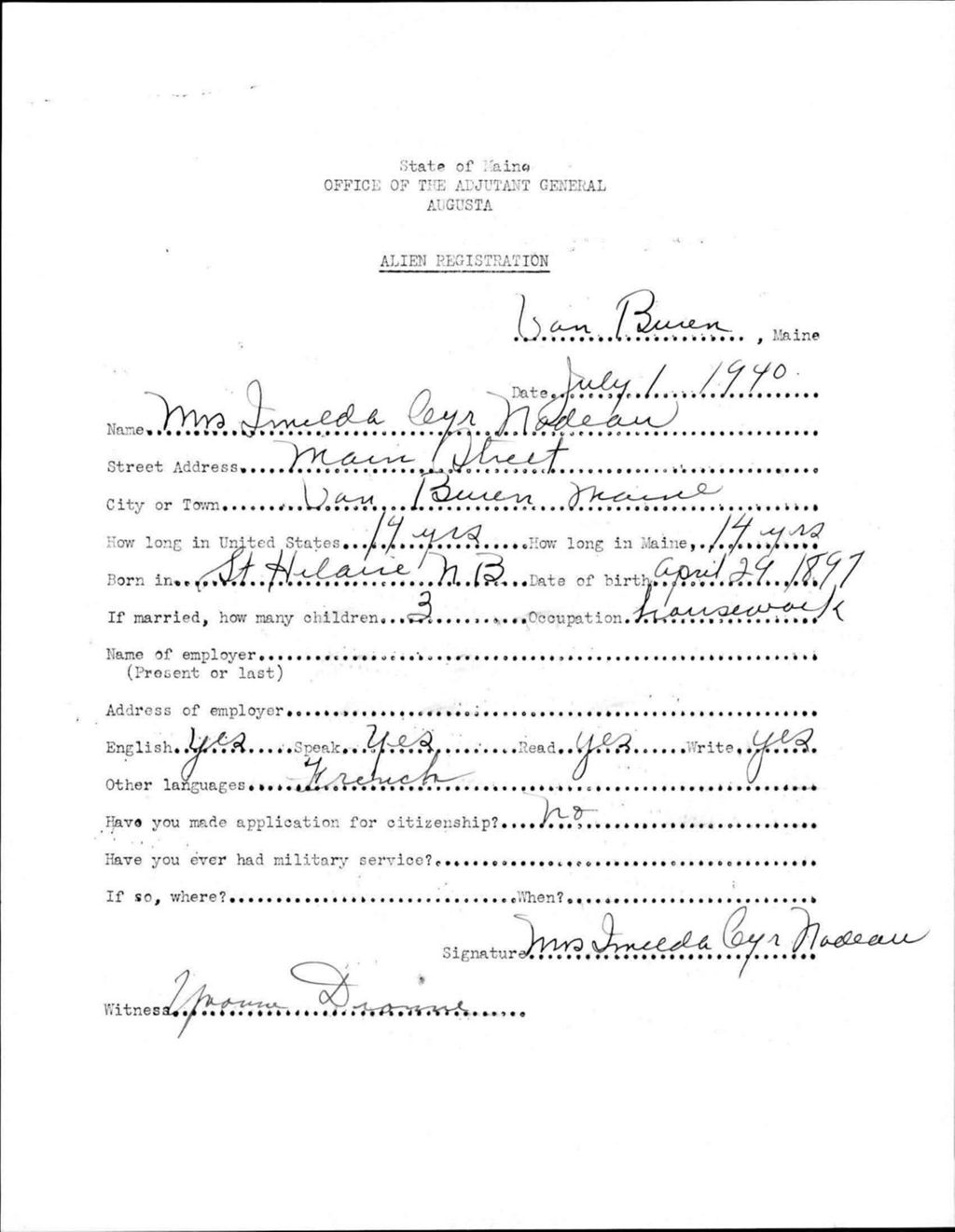Miniature of Alien Registration- Cyr, Imelda (Van Buren, Aroostook County)