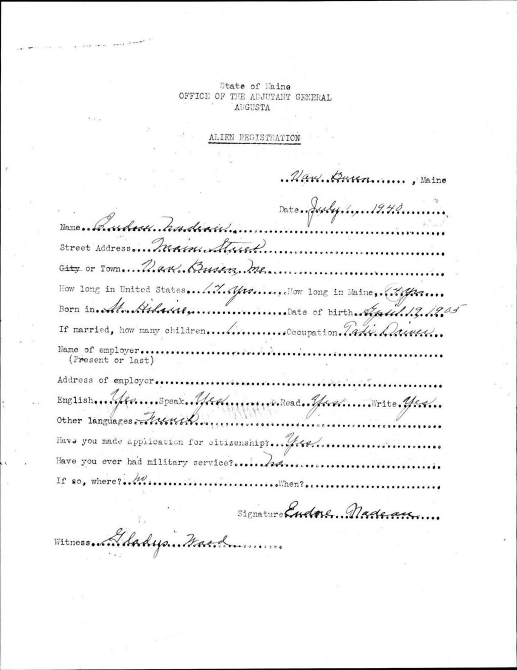 Miniature of Alien Registration- Nadeau, Endore (Van Buren, Aroostook County)