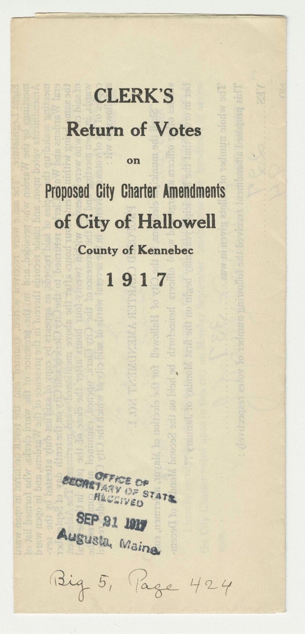 Miniature of Return of Votes on Proposed City Charter Amendments of Hallowell