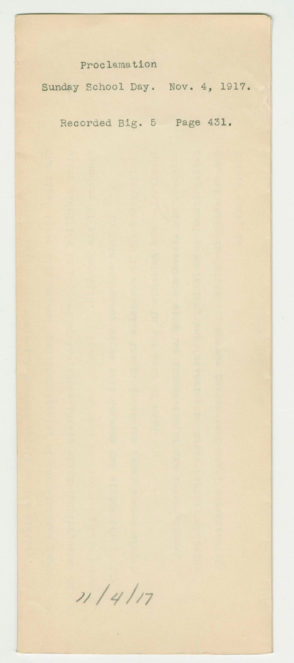 Miniature of 1917 Proclamation for Sunday School Day