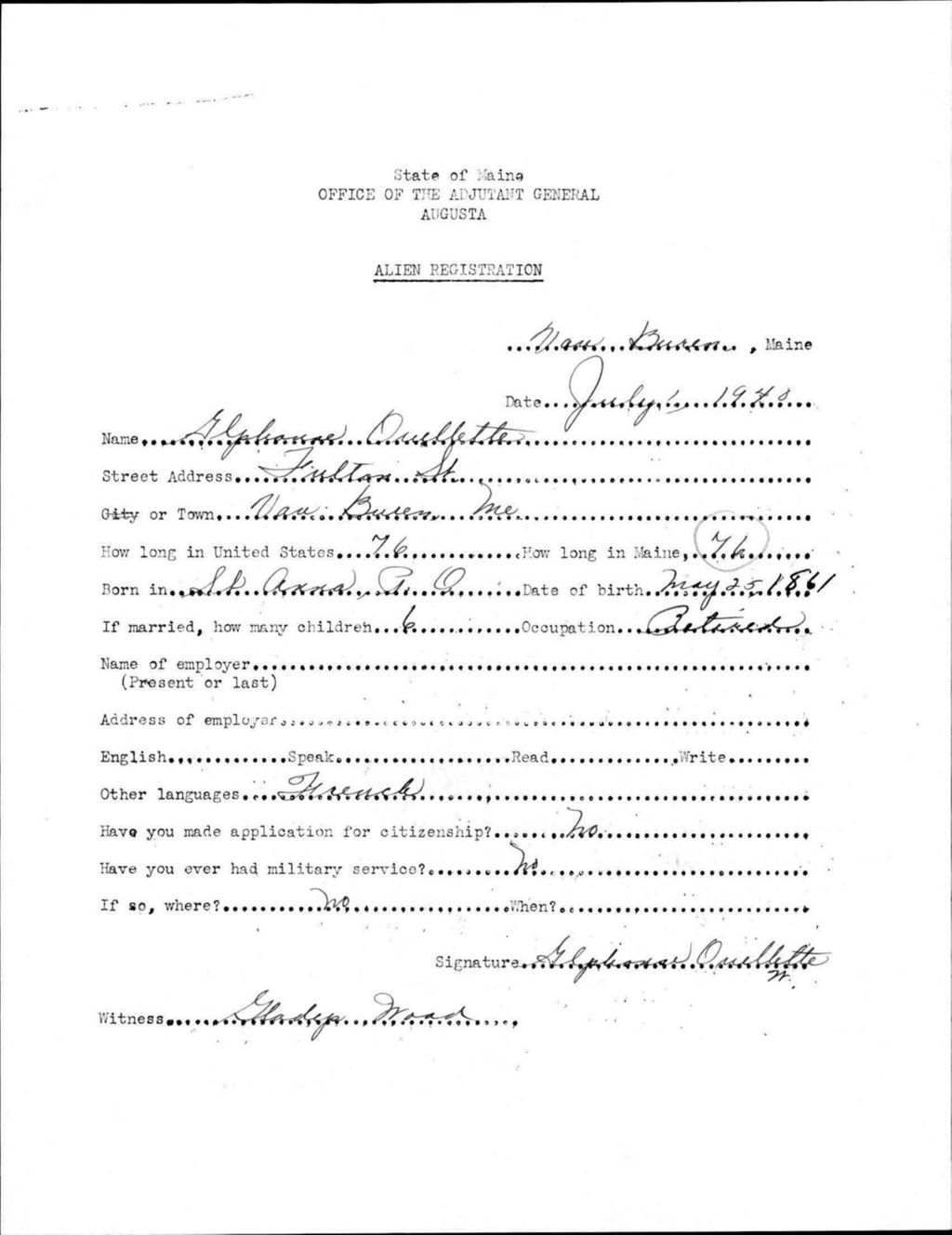 Miniature of Alien Registration- Ouellette, Alphonse (Van Buren, Aroostook County)