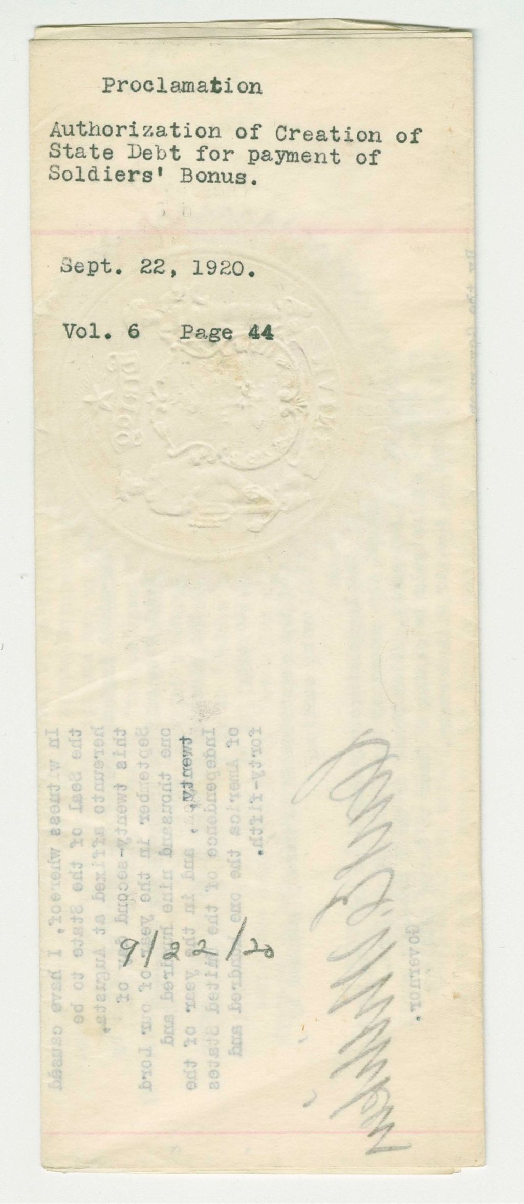 Miniature of Proclamation Authorization of Creation of State Debt for Payment of Soldier's Bonus