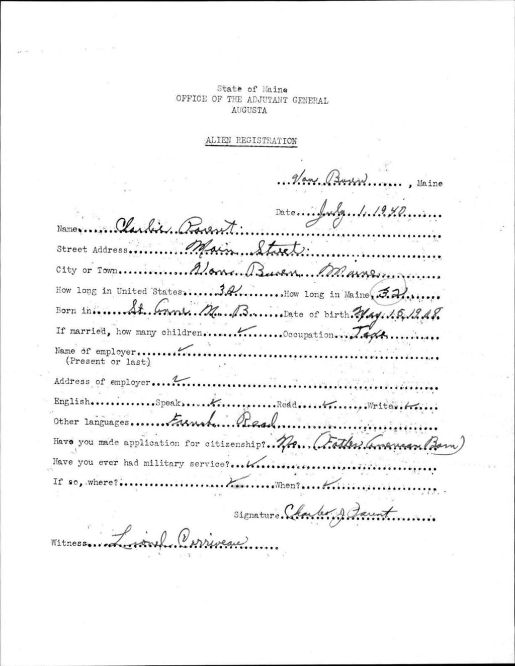 Miniature of Alien Registration- Parent, Charlie (Van Buren, Aroostook County)