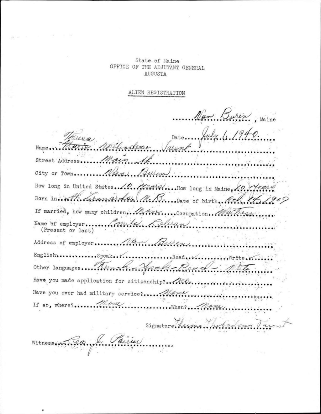 Miniature of Alien Registration- Thibodeau, Theresa (Van Buren, Aroostook County)