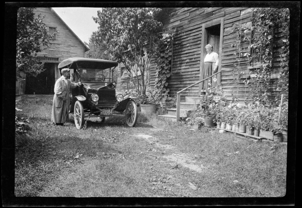 Miniature of Genre- Leaving Home 1917 Old Car, Drivrs, MassachusettsIn Doorway Of Homestead