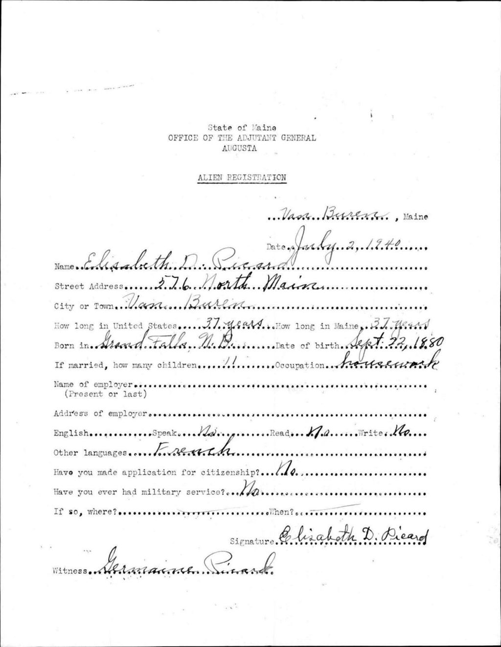 Miniature of Alien Registration- Picard, Elisabeth D. (Van Buren, Aroostook County)