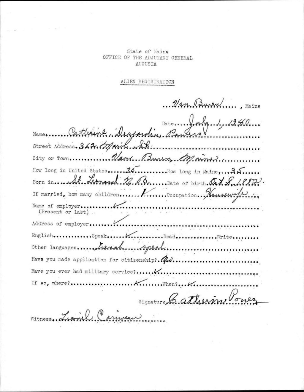 Miniature of Alien Registration- Desjardins, Catherine (Van Buren, Aroostook County)
