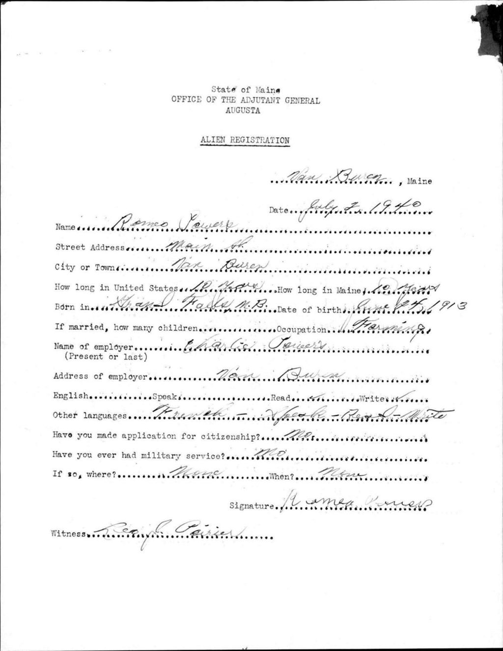 Miniature of Alien Registration- Powers, Romeo (Van Buren, Aroostook County)