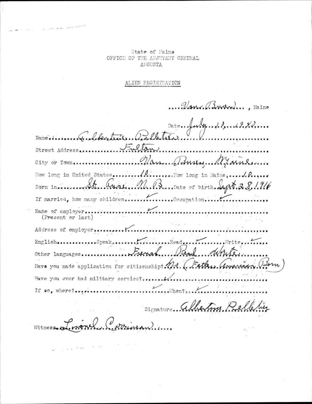 Miniature of Alien Registration- Pelletier, Albertine (Van Buren, Aroostook County)