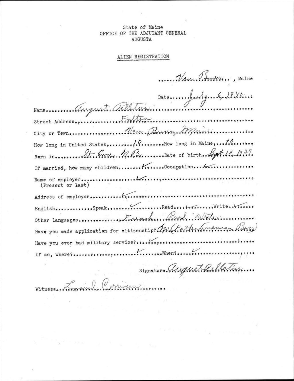 Miniature of Alien Registration- Pelletier, August (Van Buren, Aroostook County)