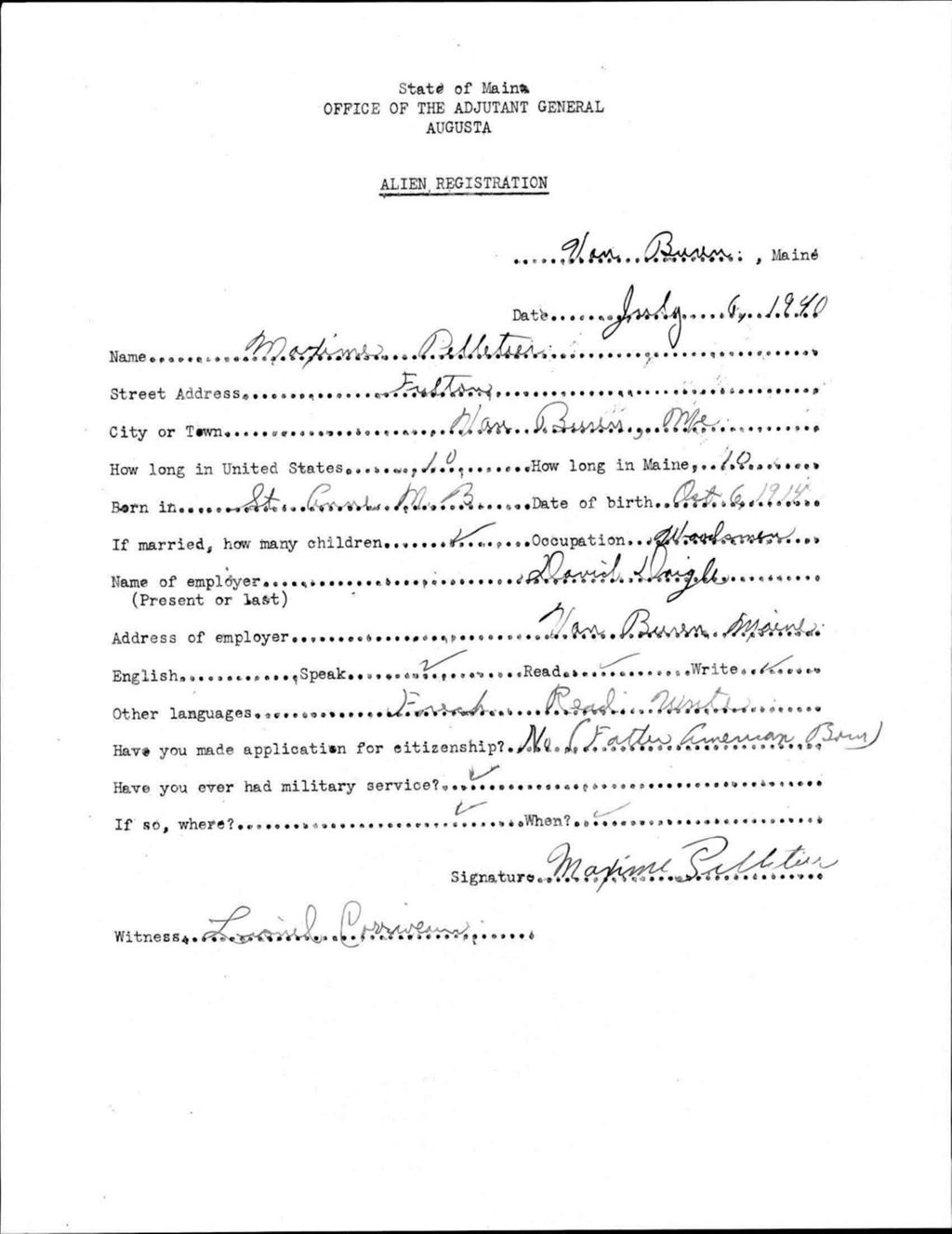 Miniature of Alien Registration- Pelletier, Maxine (Van Buren, Aroostook County)