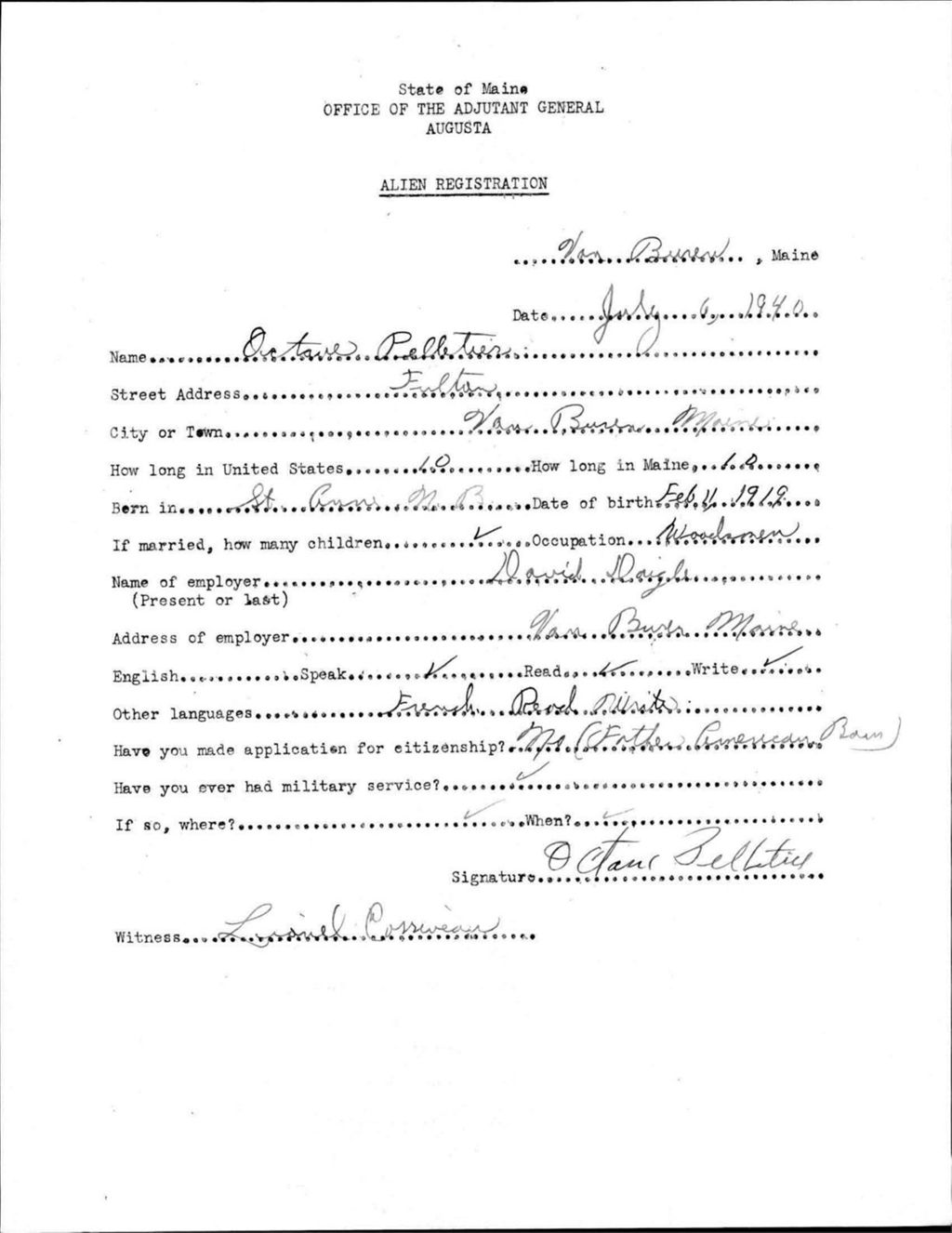Miniature of Alien Registration- Pelletier, Octave (Van Buren, Aroostook County)