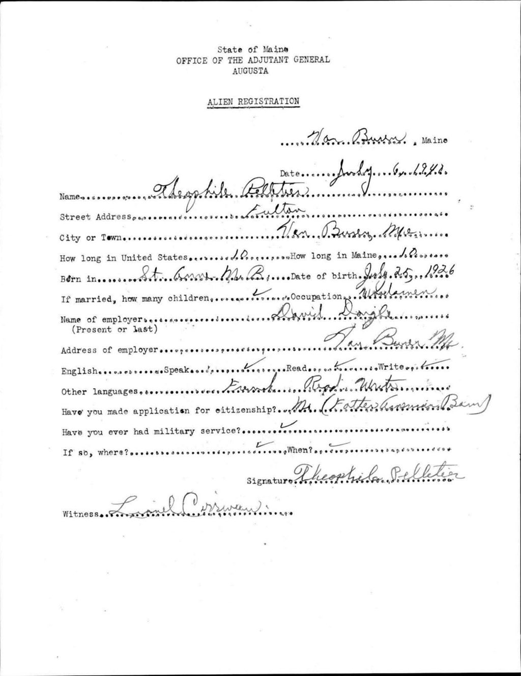 Miniature of Alien Registration- Pelletier, Theophile (Van Buren, Aroostook County)