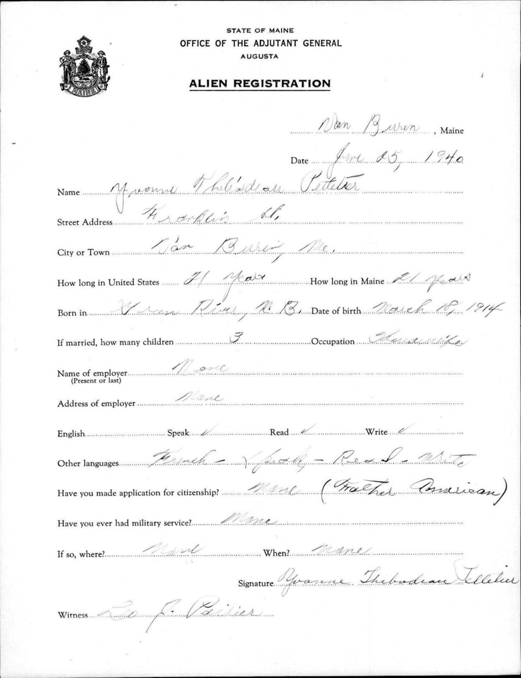 Miniature of Alien Registration- Thibodeau, Yvonne (Van Buren, Aroostook County)