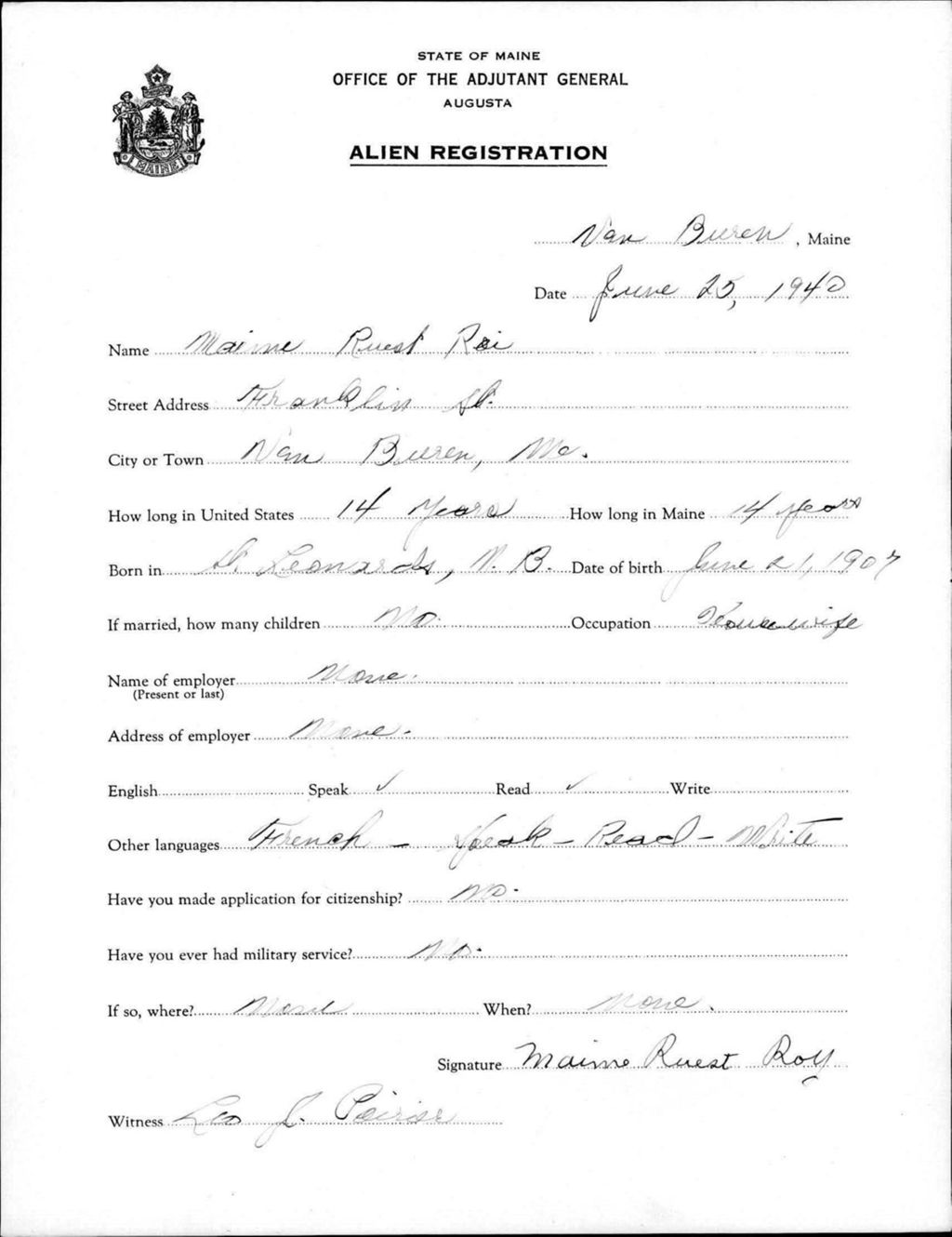 Miniature of Alien Registration- Ruest, Maxine (Van Buren, Aroostook County)