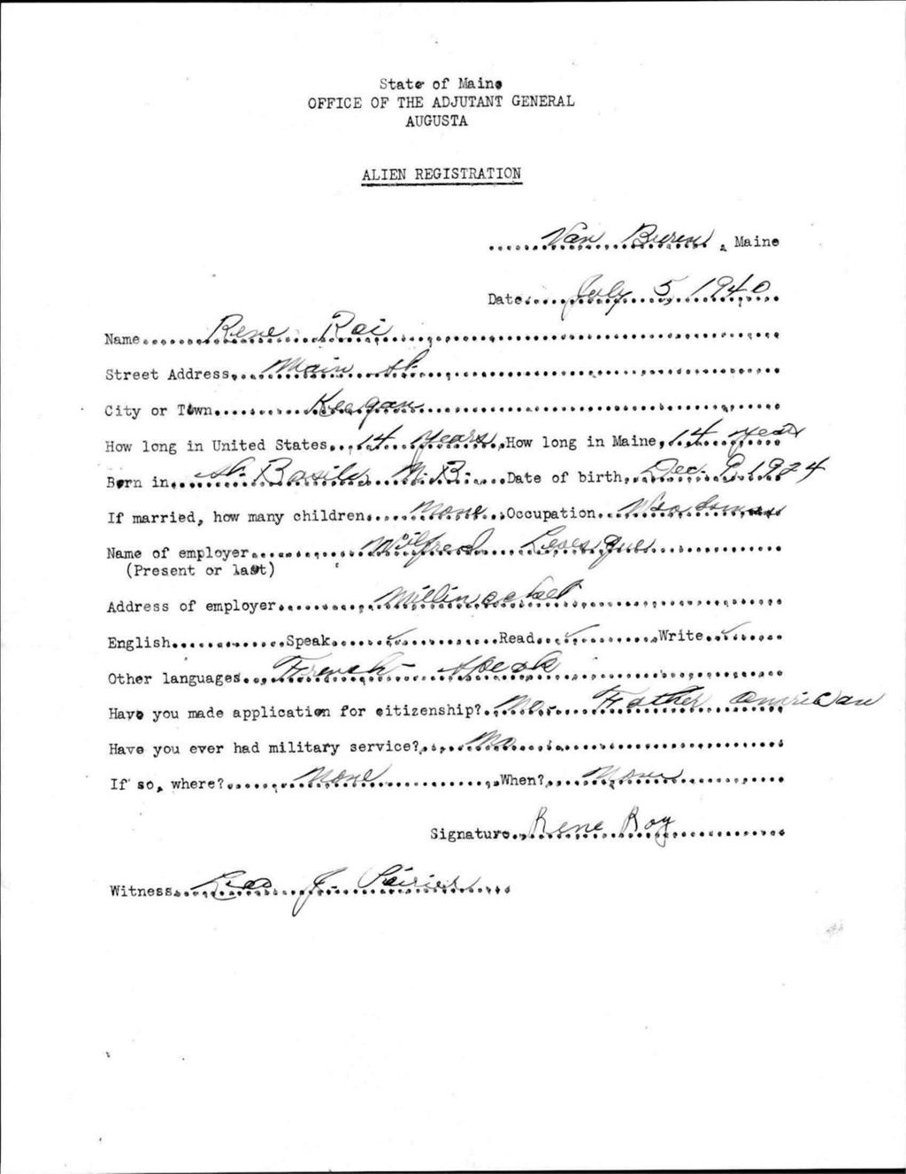 Miniature of Alien Registration- Roi, Rene (Van Buren, Aroostook County)