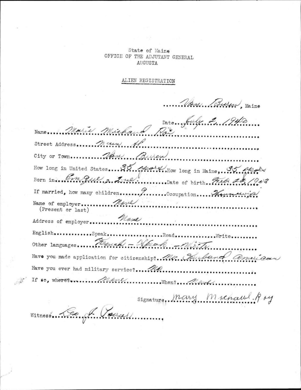 Miniature of Alien Registration- Michaud, Marie (Van Buren, Aroostook County)