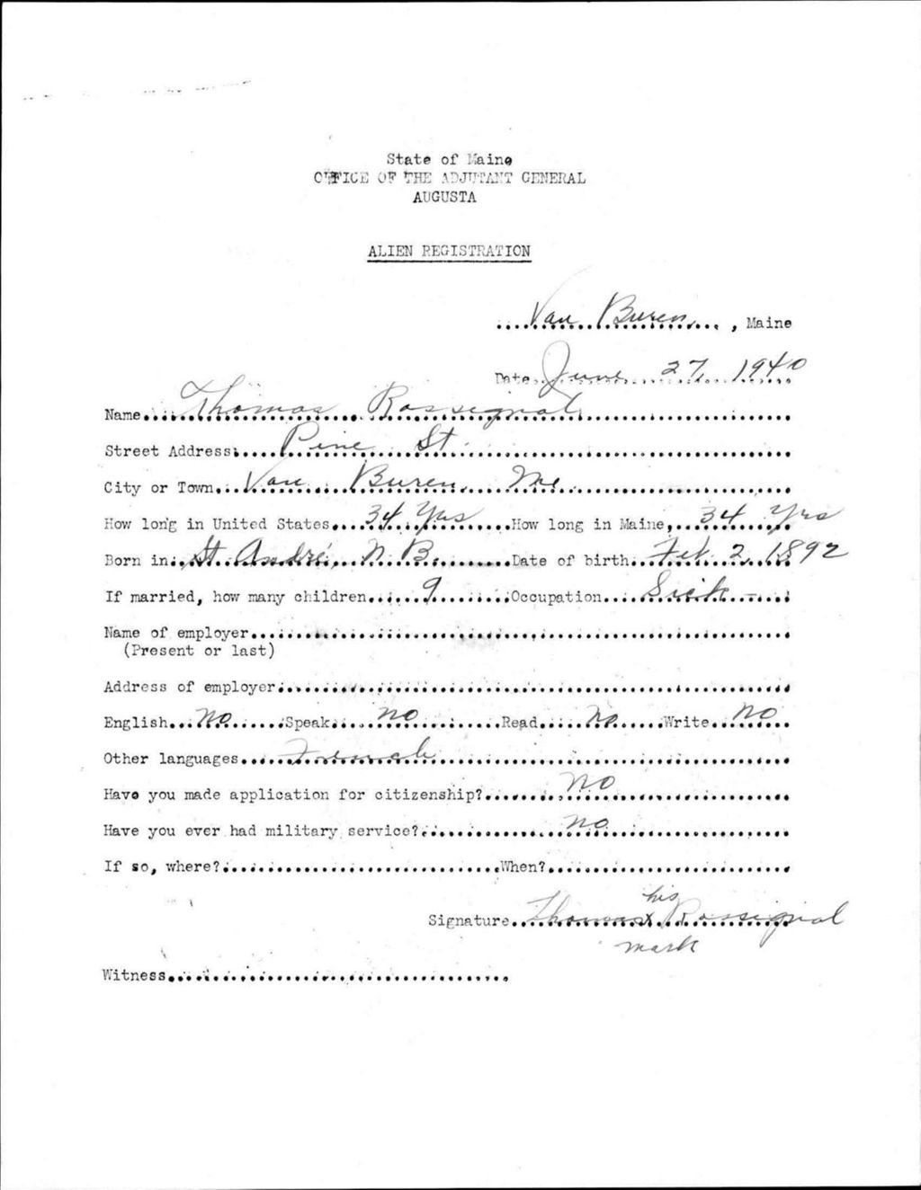 Miniature of Alien Registration- Rossignol, Thomas (Van Buren, Aroostook County)