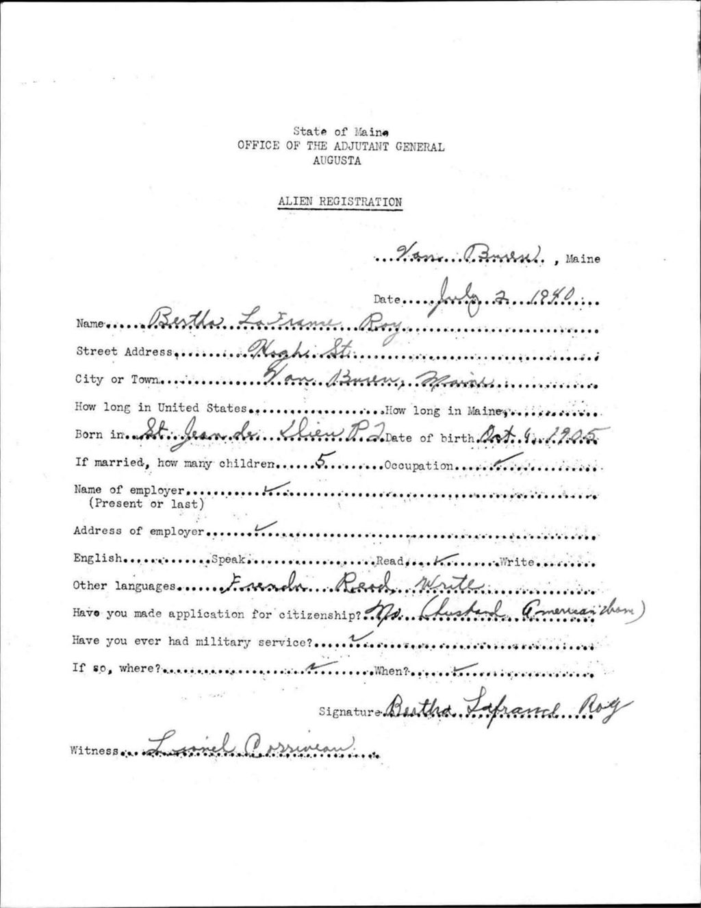 Miniature of Alien Registration- Lafrance, Bertha (Van Buren, Aroostook County)