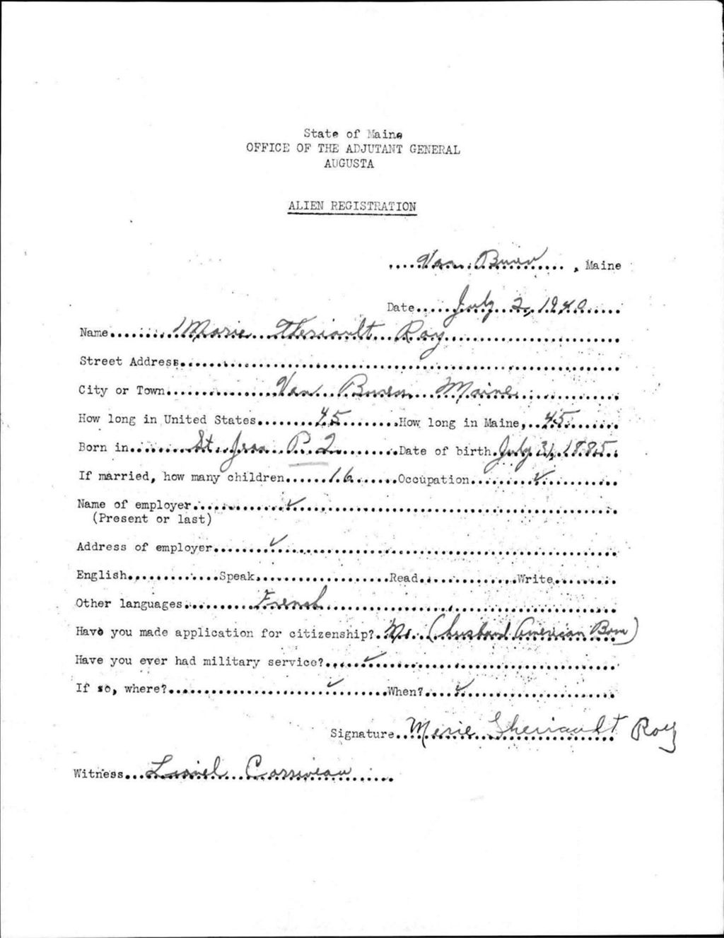 Miniature of Alien Registration- Theriault, Marie (Van Buren, Aroostook County)